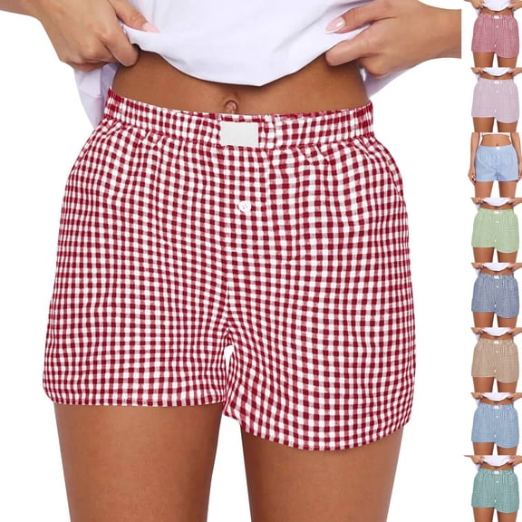 Womens Boxer Shorts Casual Summer Pajama Lounge Sleep Pj Gingham Plaid Shorts Y2K Beach Bottoms Red L