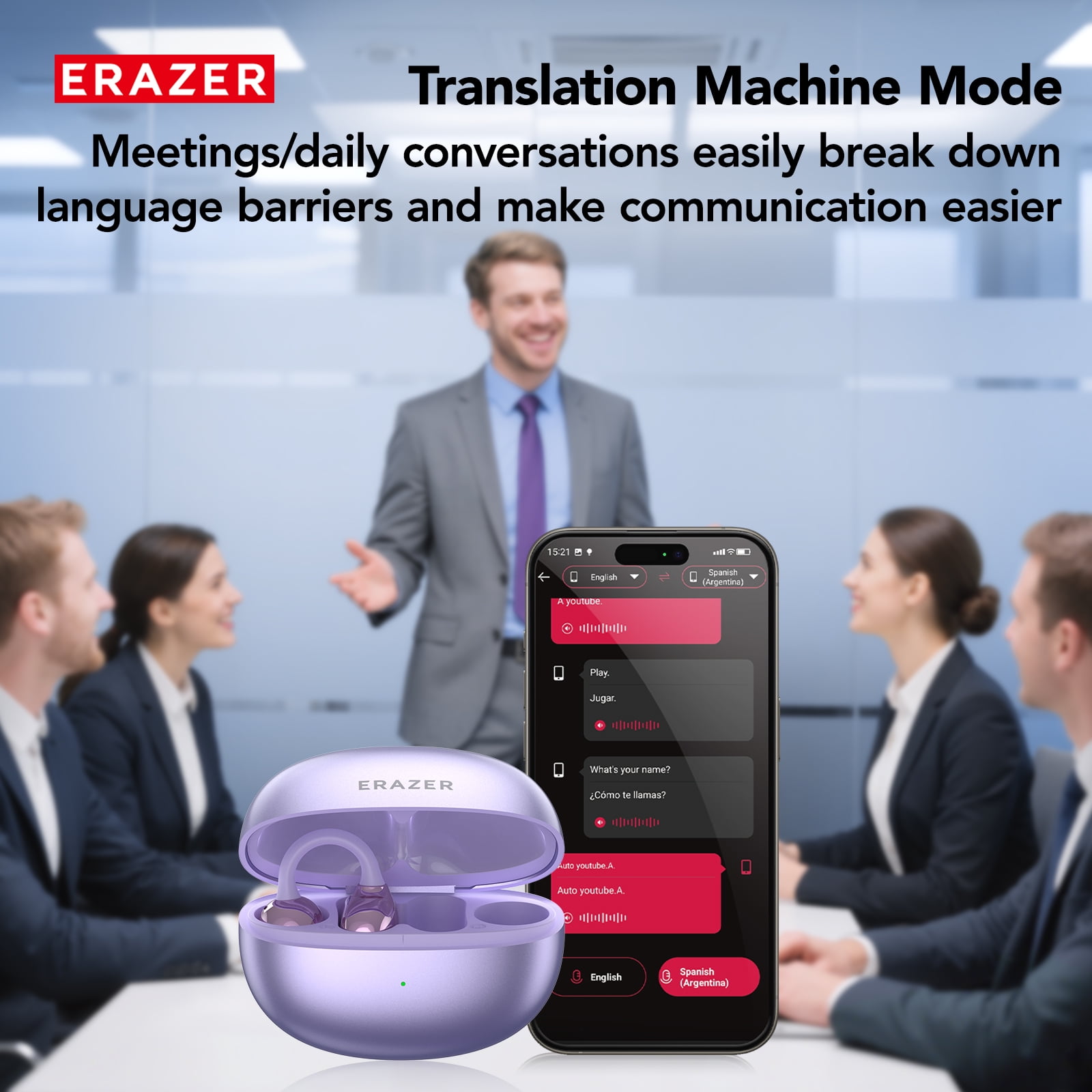 ERAZER XF36 Bluetooth 6.0 Wireless Clip-on Open-Ear Earbuds with AI Translator for 130+ Languages, Noise-Cancelling Headphones, 40H Playtime, IPX5 Waterproof, Purple