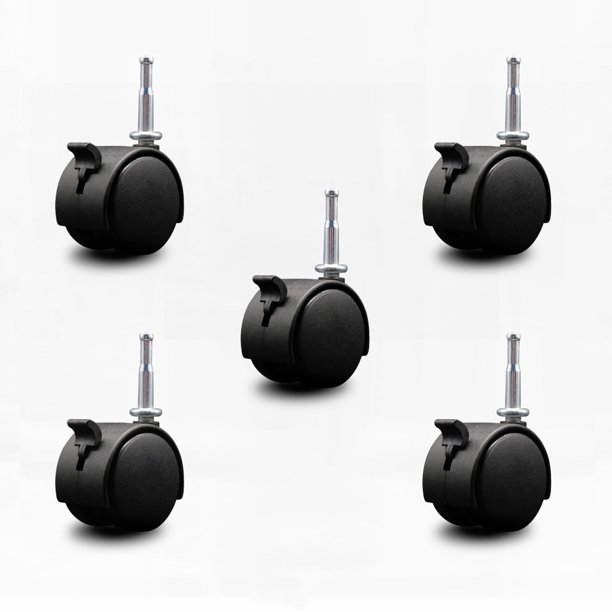 2 Inch Chair Casters Nylon Twin Wheel with Brakes 5/16” Grip Neck Stem Set 5 SCC
