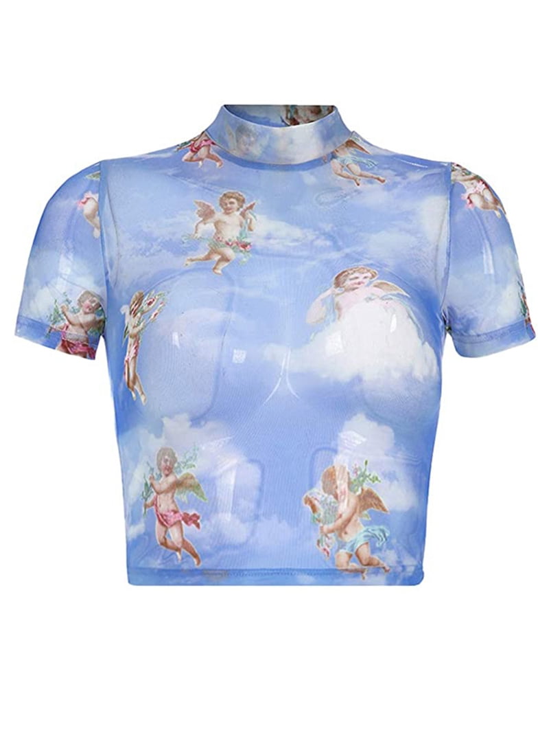 Aunavey Women's Short Sleeve Mock Neck See Through Crop Top Angel