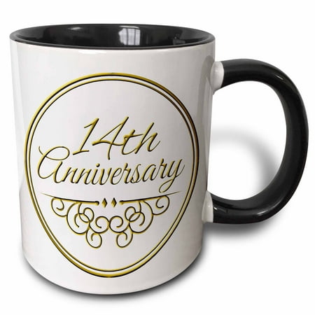 3dRose 14th Anniversary gift - gold text for celebrating wedding anniversaries - 14 years married together - Two Tone Black Mug,