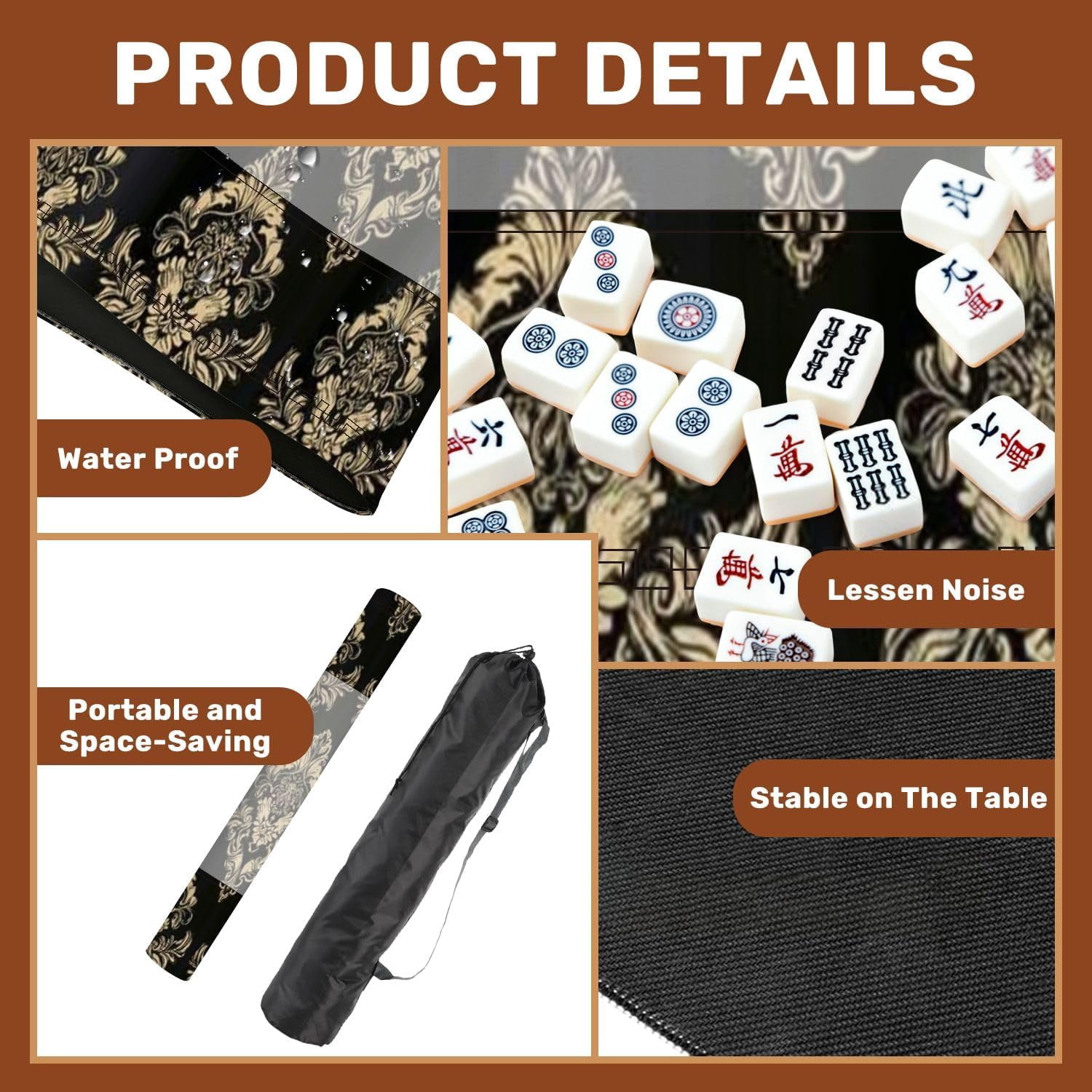 Mahjong Mat 31.5" x 31.5" Floral Vintage Baroque Style Seamless Gold Black Non-Slip Noise Reduction Mahjong Tiles Table Cover for Dominoes Poker Card Board and Tile Games