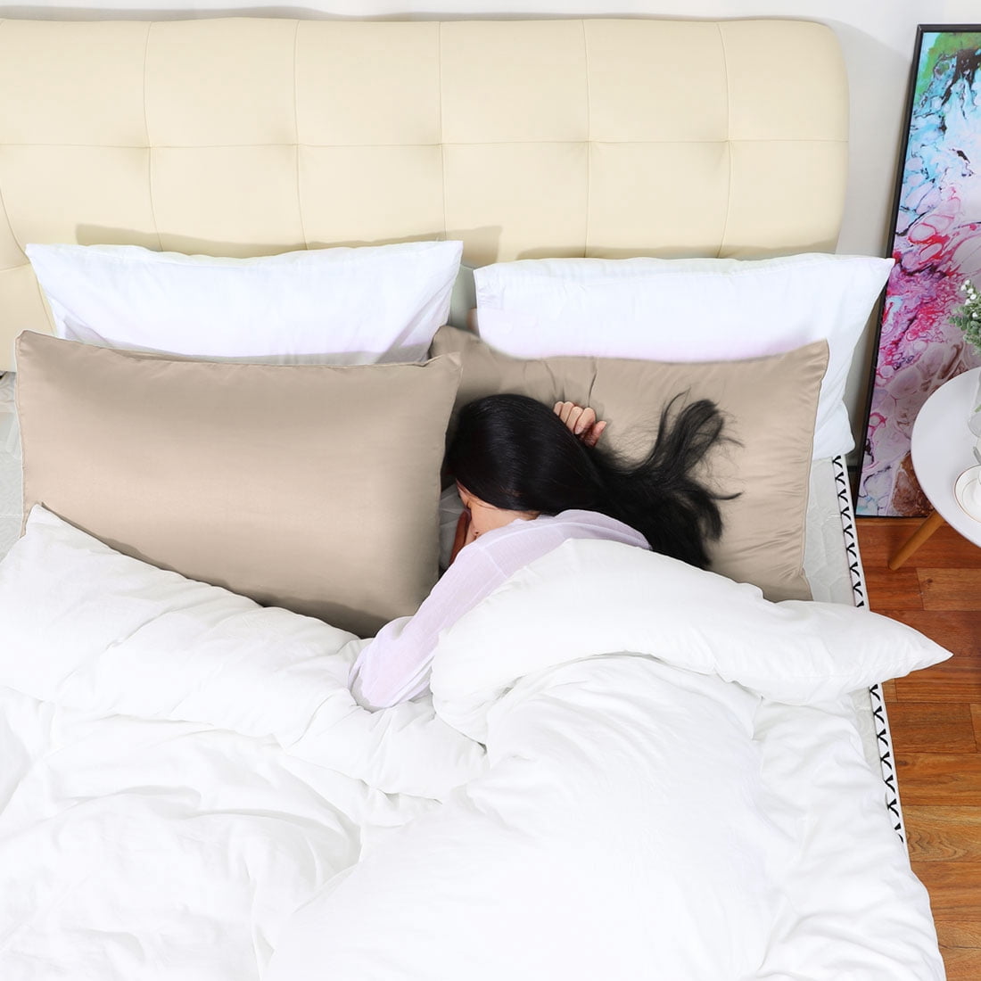 Unique Bargains Silky Satin Pillow Cases Covers Set of 2 Light Tan King