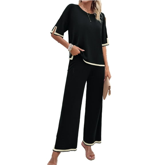 FLMEI Women Knit Outfits Spring Summer Fashion Clashing Coloured Split Short Sleeves Sweater Tops and Wide Leg Pants Knitted Two Piece Set M-3XL