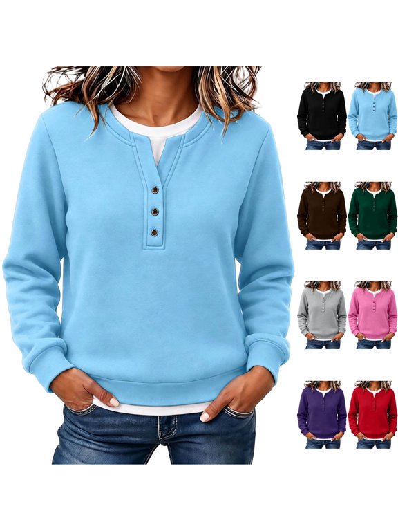 Women's Fleece Henley Sweatshirt Faux Layered 2 in 1 Long Sleeve Button Down Pullover Notch V Neck Soft Tops Casual Lounge Fall Outfits, Blue, 3XL