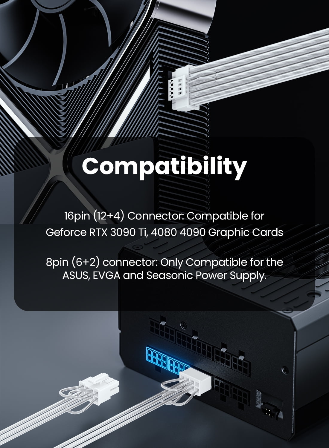 Fasgear PCIe 5.0 GPU Power Cable 70cm Silver-Plated Copper Core, 16pin(12+4) 12VHPWR Plug for RTX 3090 Ti 4080 4090, 3x8pin(6+2) PCI-e Male Plugs Compatible for ASUS EVGA Seasonic Modular Power Supply