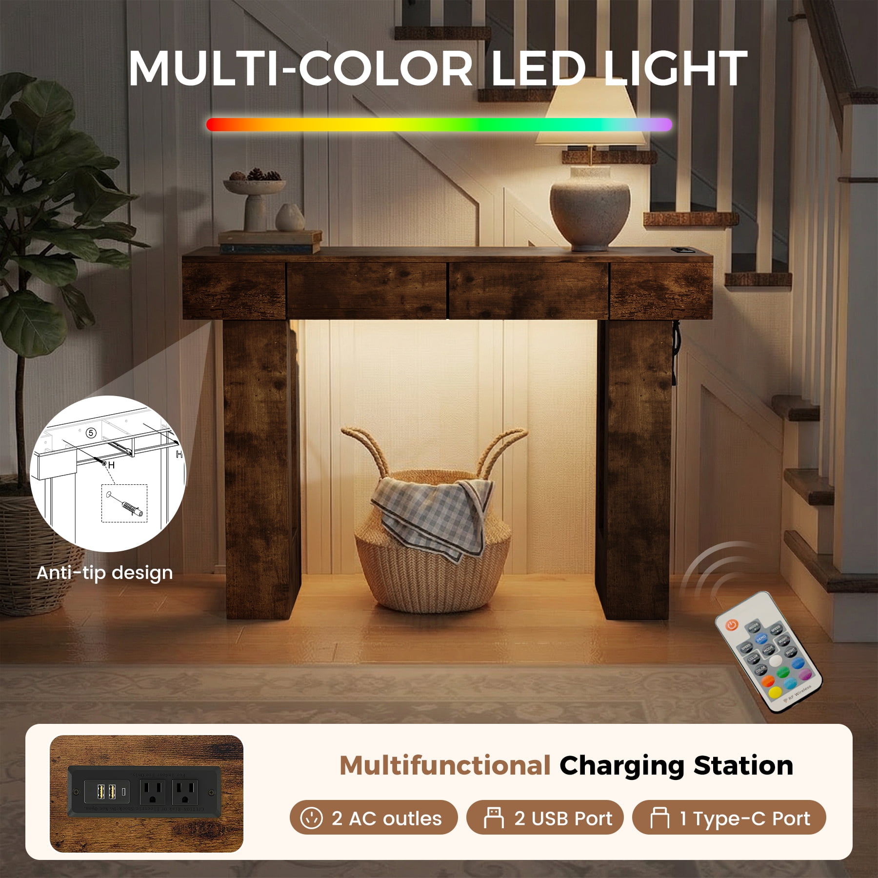 MOONMISS 47"Wide Console Table with 2 Drawers,Multifunctional Charging Station, LED Light, Solid Wood Farmhouse Console Table Behind Couch for Entryway, Hallway, Living Room-Dark Brown
