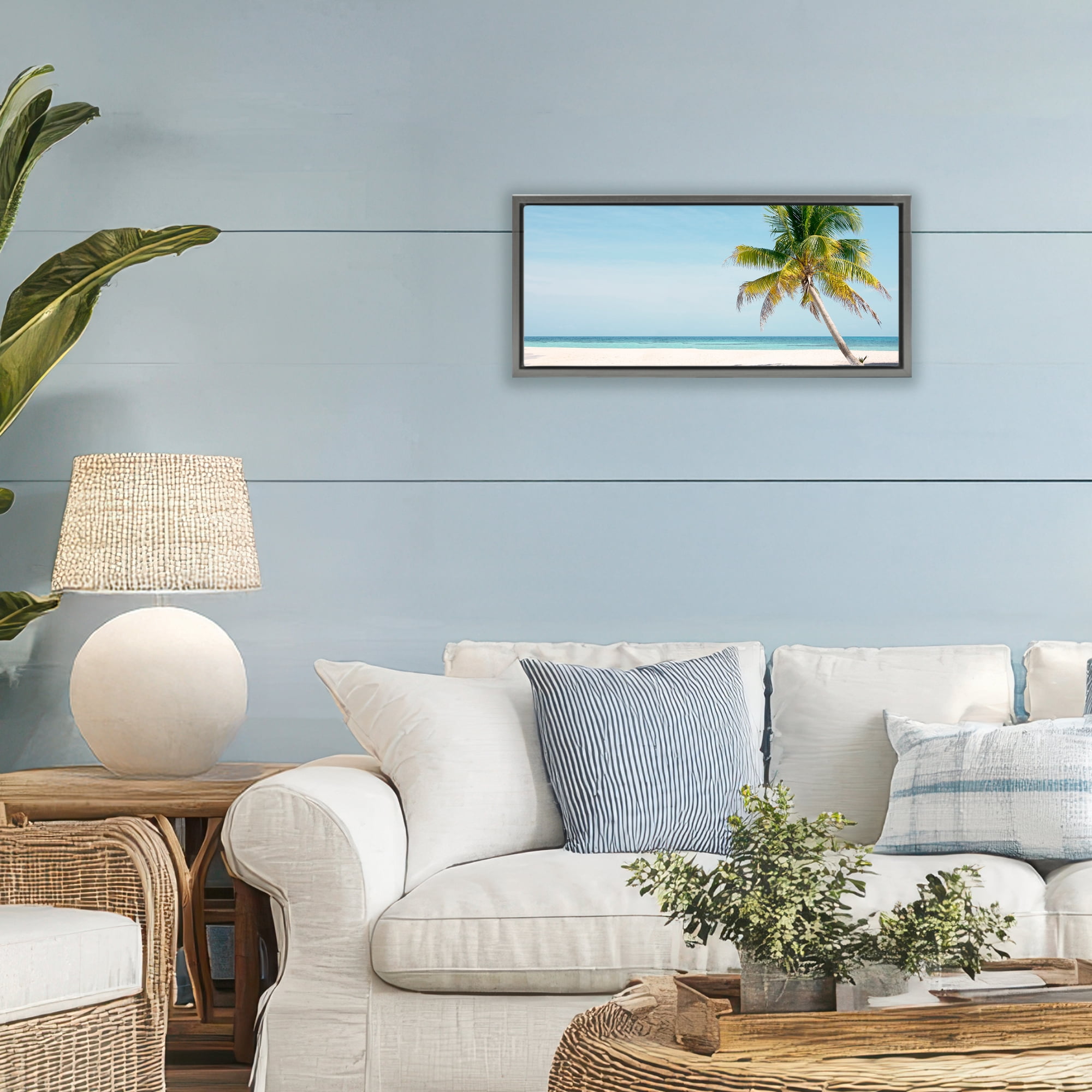 Stupell Industries Tropical Island Palm Tree Gray Framed Floater Canvas Wall Art, design by Danita Delimont