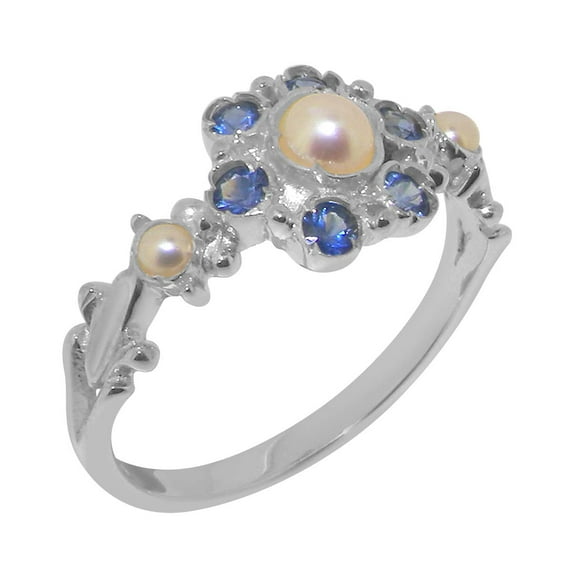 LBG British Made 925 Sterling Silver Cultured Pearl & Sapphire Womens Anniversary Ring - 33 size options - Size 10