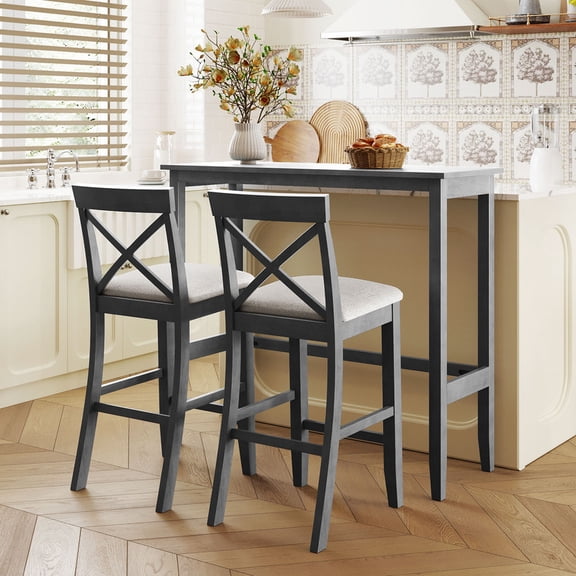 Bellemave 3 Piece Pub Table and Chair Set, Wood Bar Height Dining Set Kitchen Breakfast Nook with 2 Upholstered Chairs for Small Places, Rectangle Furniture (Brown White Beige)