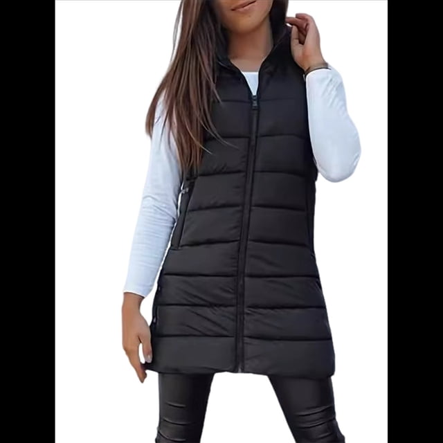Chaleco para Mujer, Color Liso, Sin Mangas, con Capucha, para Invierno, Abrigo Acolchado. Negro 4XL