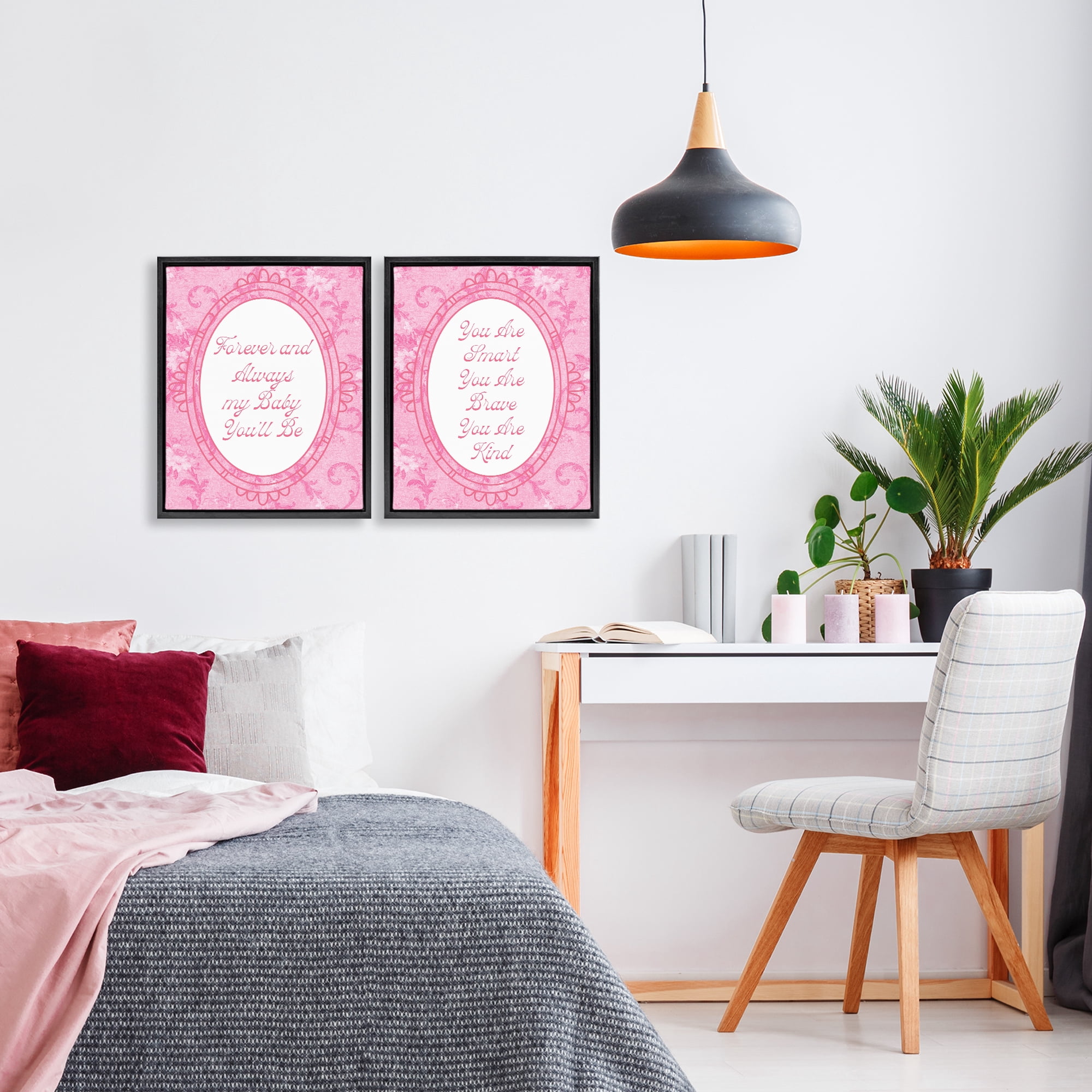Stupell Industries Loving Pink Ornate Phrases 2 Piece Black Framed Floater Canvas Set, design by Lil' Rue