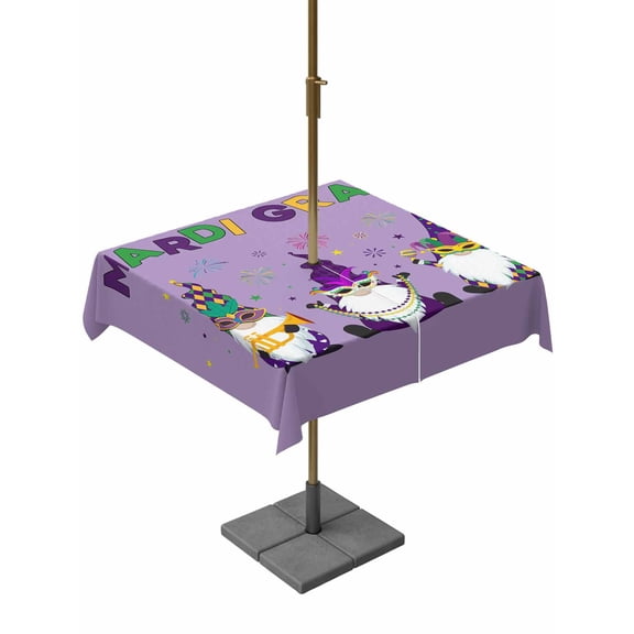 Outdoor Tablecloth with Umbrella Hole, Mardi Gras Cartoon Cute Dwarfs Zippered Table Cloth for Rectangle Tables, Purple Washable Waterproof Tablecloths for Picnic Patio Garden