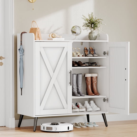 6 Tiers Shoe Cabinet with doors, Adjustable Shelves, Wood Shoe Storage Rack, Organizer for Entryway, White