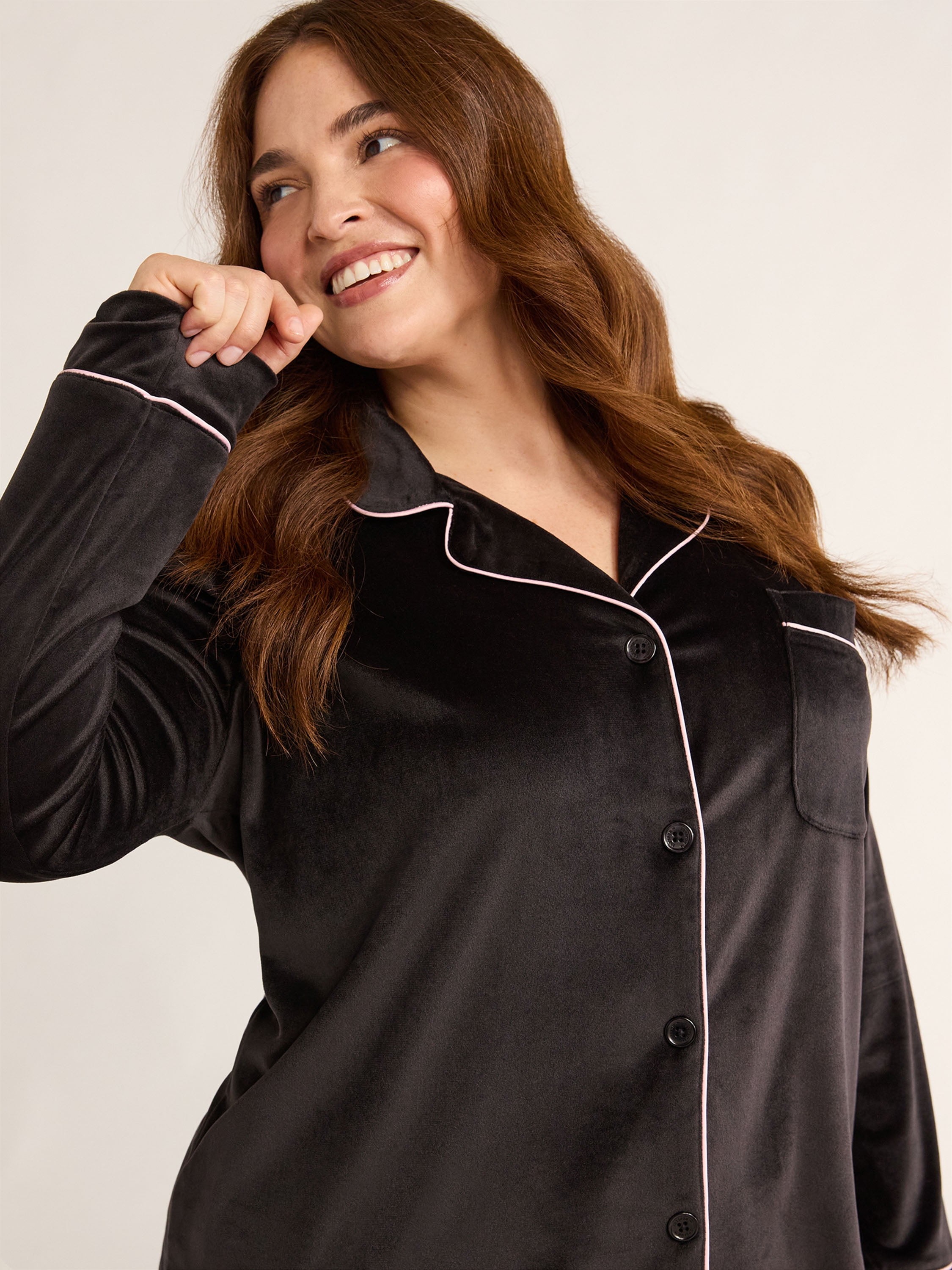 Joyspun Women's Velour Notch Collar Top and Pants Pajama Set, 2-Piece, Sizes S-3X