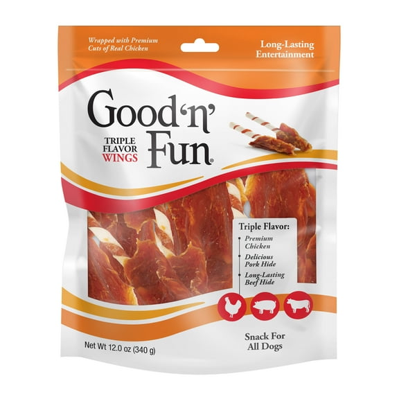 Good 'n' Fun Triple Flavor Wings, Rawhide Chew for All Dogs, 12 oz