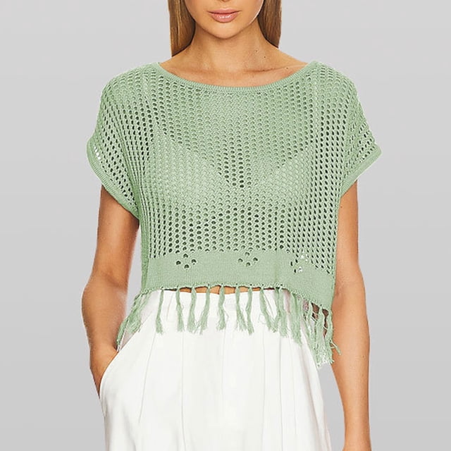 Liquidation & Promo, Blouse Décontractée à Manches Courtes à Franges pour Femmes, Tunique Découpée pour l'Été, Style Prêt pour l'Été/acrylique, Vert, Sopatenor