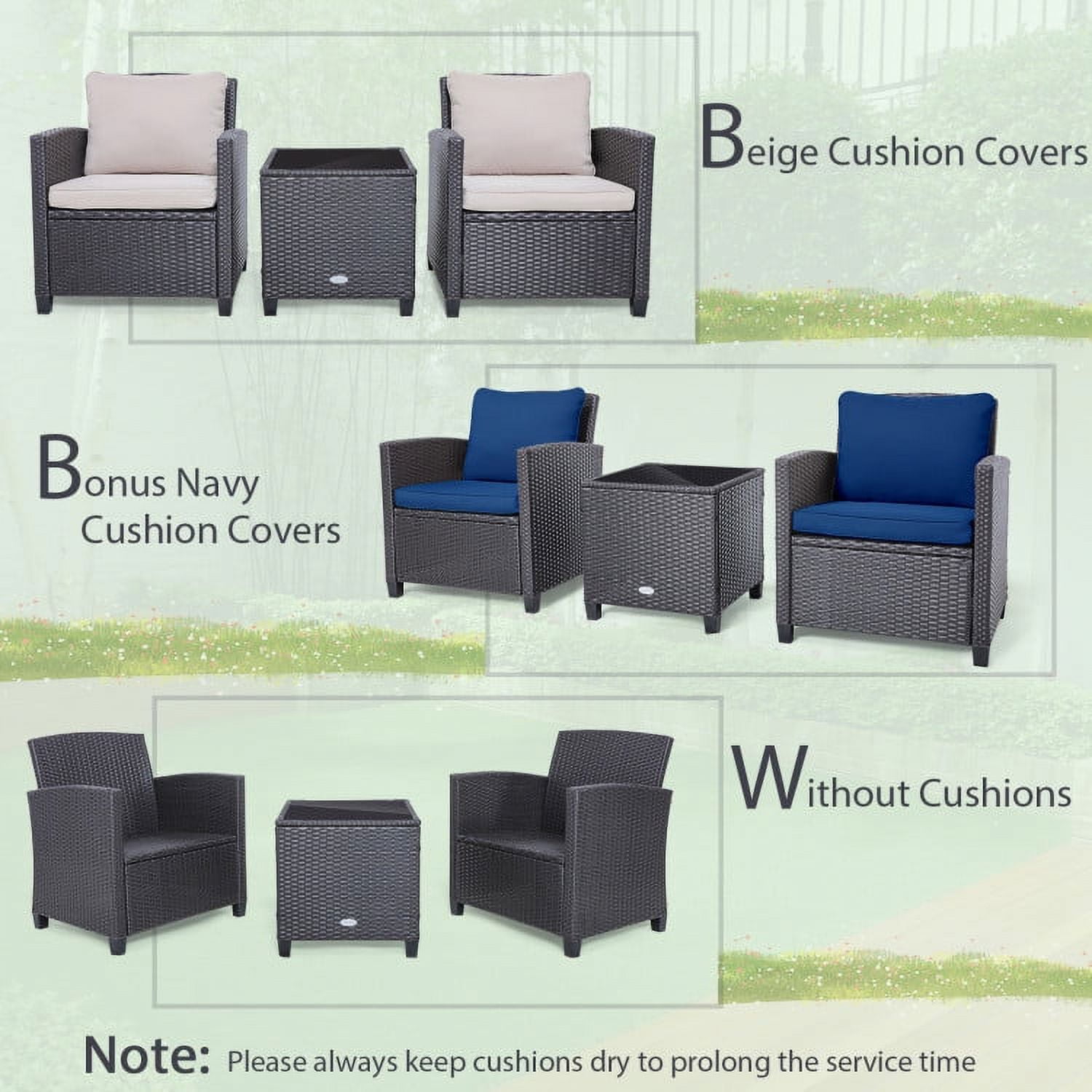 Aimee Lii 3 Pieces Wicker Patio Furniture Set, Coffee Table Cushioned Sofa, with Washable Cushion, Modern Patio Furniture, Blue Aimee Lii 3 Pieces Wicker Patio Furniture Set, Coffee Table Cushioned Sofa, with Washable Cushion, Modern Patio Furniture, Blue