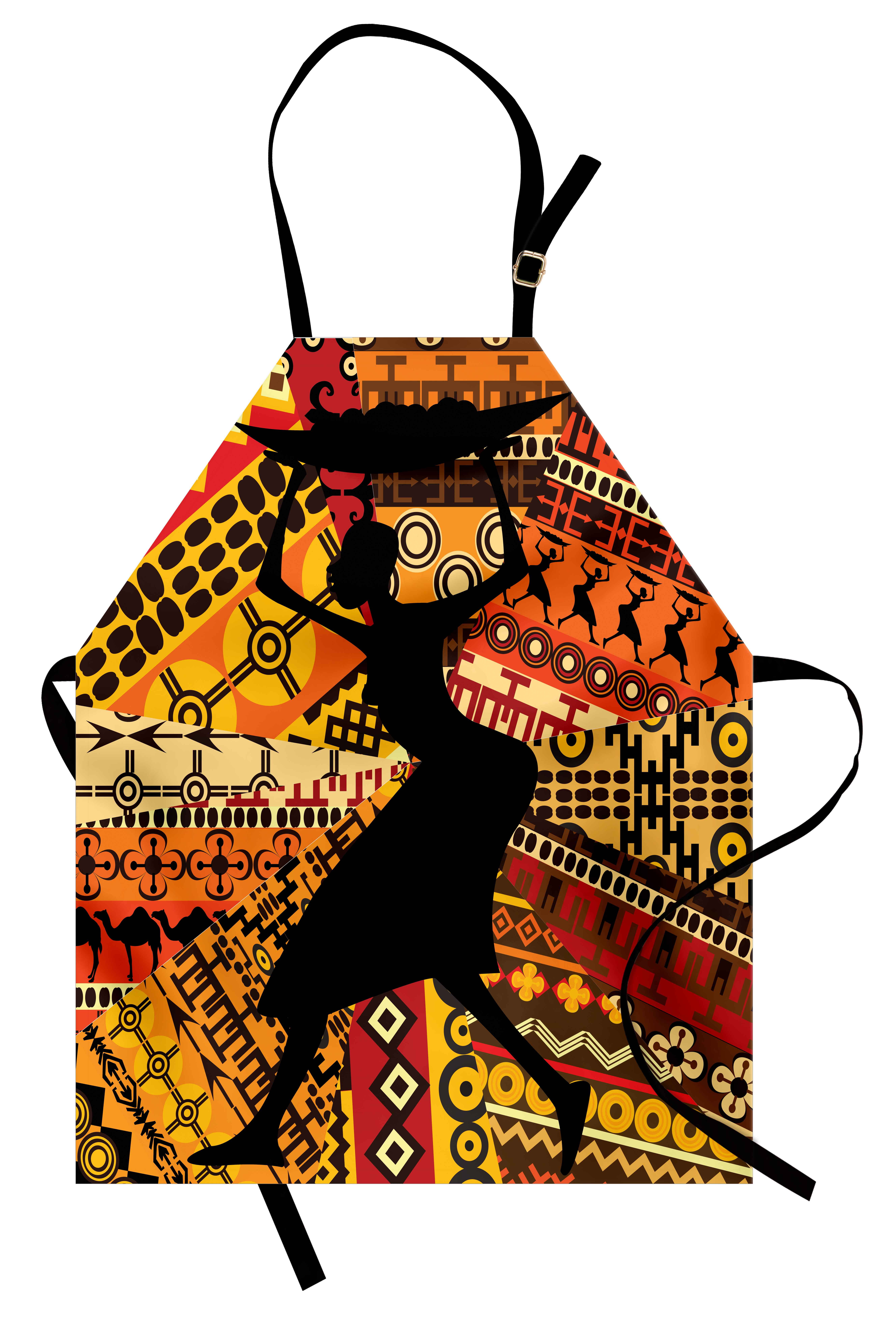 African Woman Apron Silhouette of a Indigenous Woman Carrying a Basket on Traditional Patterns, Unisex Kitchen Bib Apron... by 3decor llc
