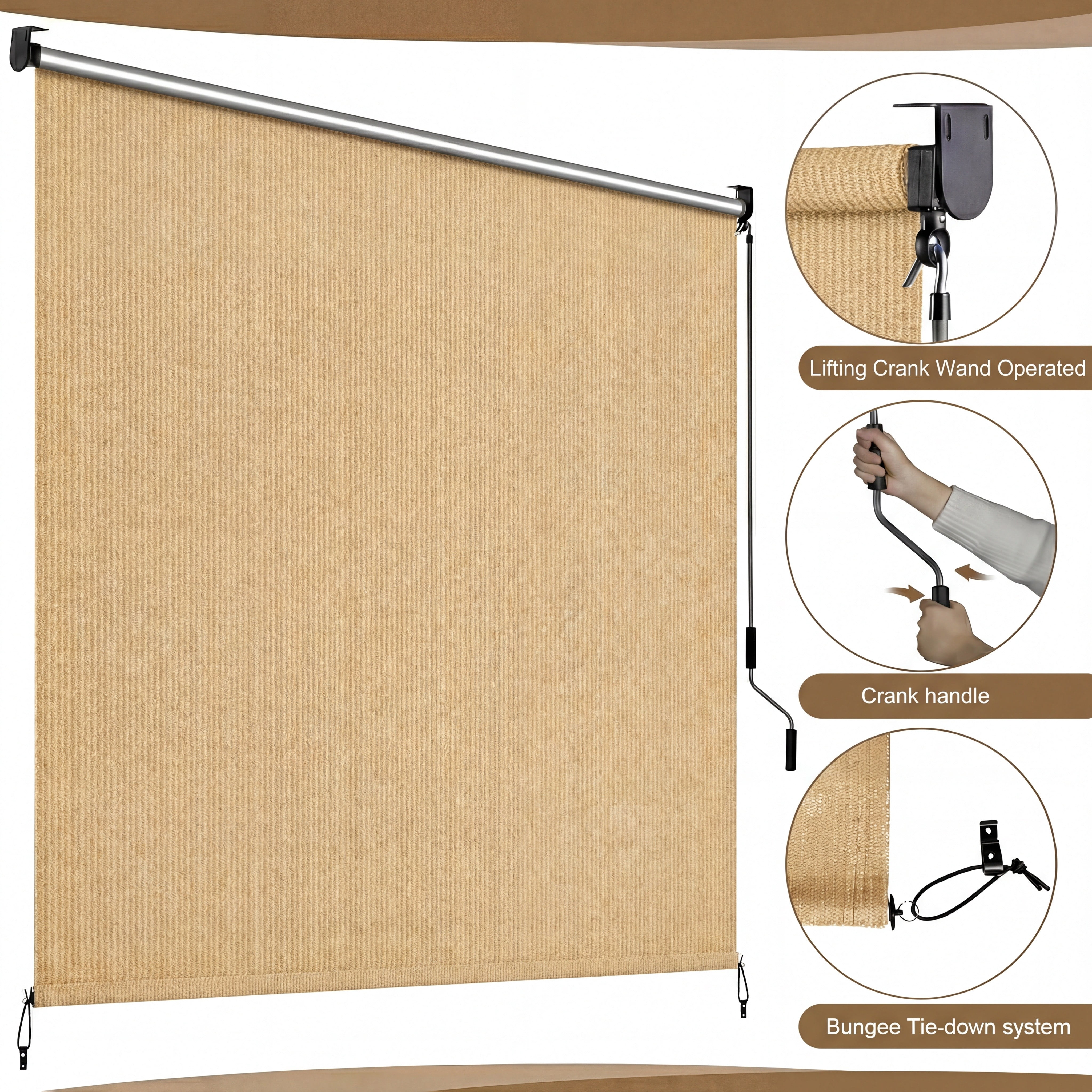 LIFERUN Outdoor Roller Sun Shade 6'W x 6'H, HDPE Shade Cloth & Aluminum Tube, Easy Install for Outdoor Pergola, Porch, and Garden (Sesame)