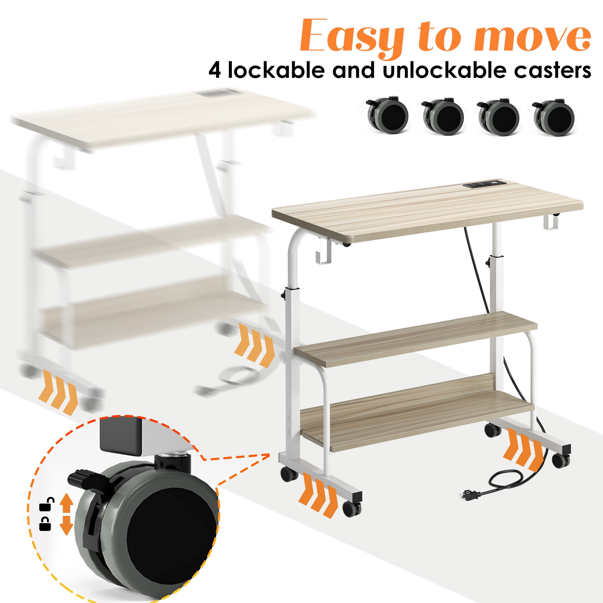 Soges 31.5" Height Adjustable Computer Desk with Charging Station, Adjustable Side Table Movable Laptop Desk with 2 Storage Shelves, Adjustable Desk on Wheels for Home Office, Sofa, Bed, Maple
