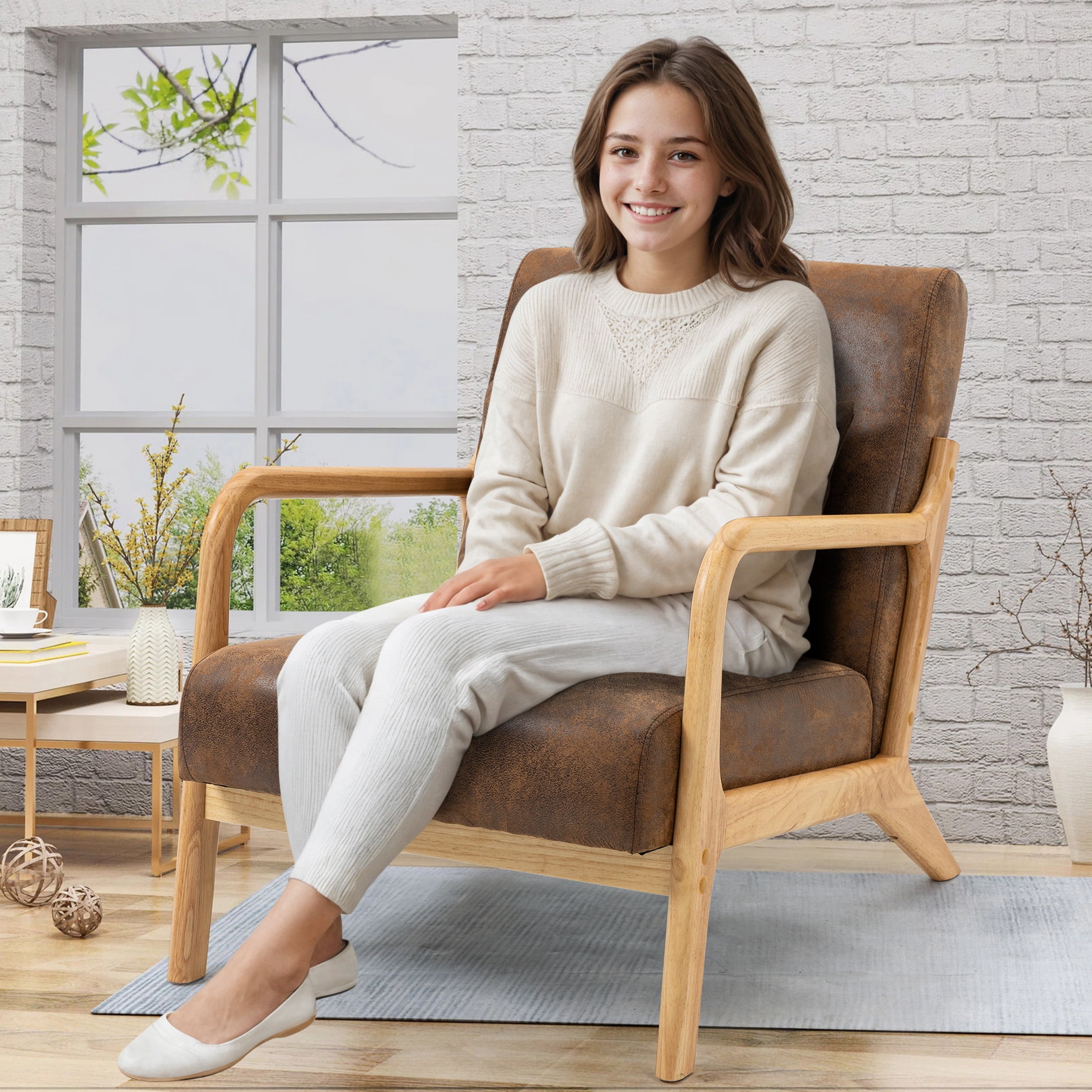 PAPROOS Mid-Century Modern Accent Chair, PU Leather Arm Chair with Wood Frame and Pillow, Upholstered Armchair Comfort Reading Chair Lounge Chair for Living Room Bedroom Sunroom, Brown