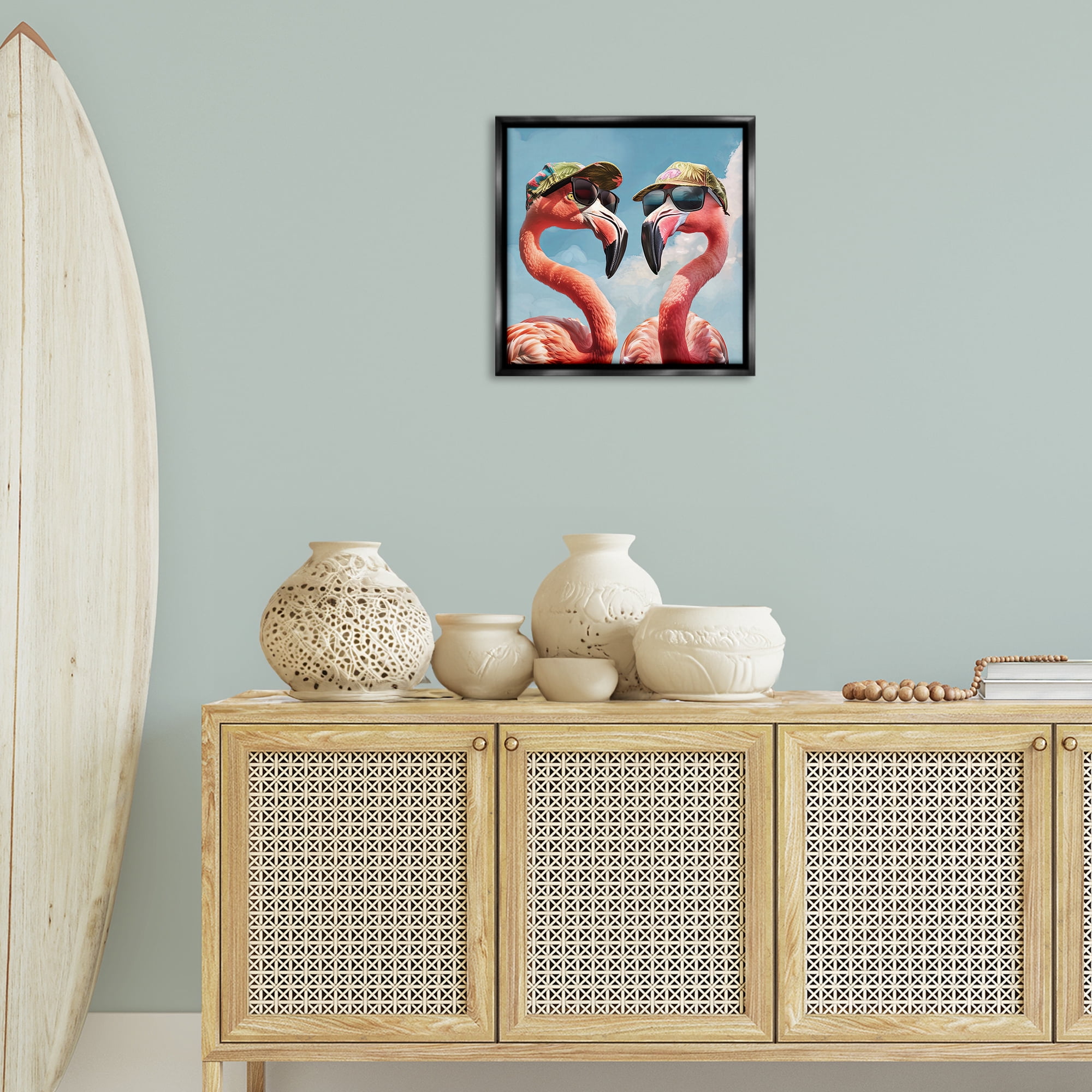 Stupell Industries Flamingos with Tropical Hats Animals Painting Black Floater Framed Canvas Art Print Wall Art, 18 x 18