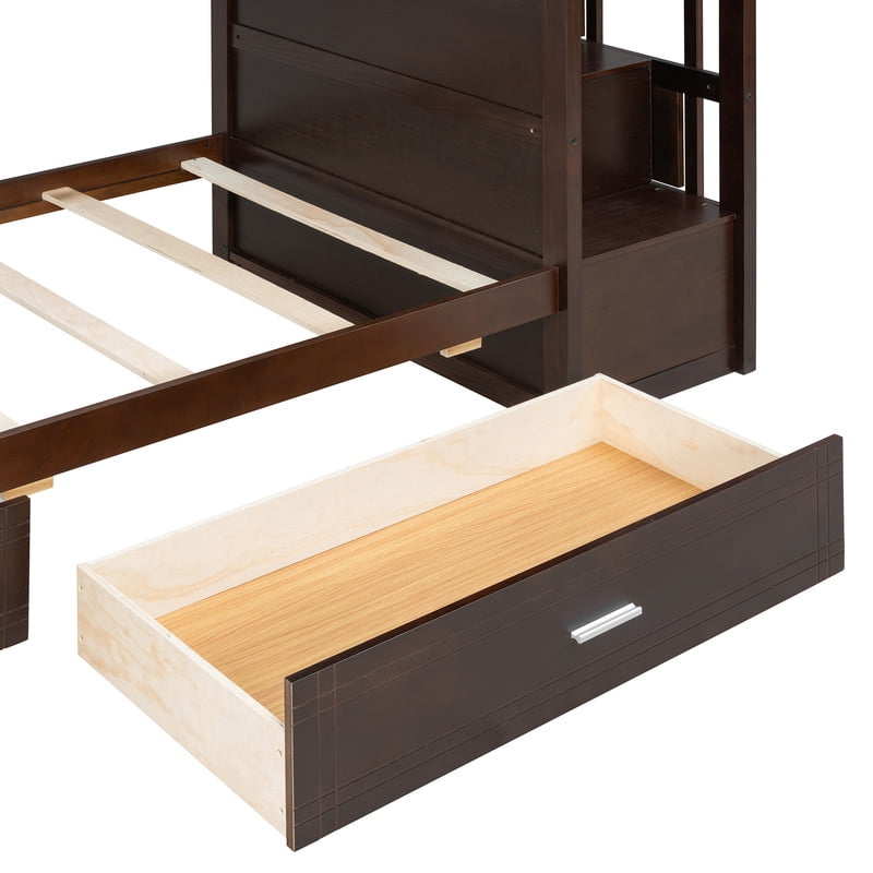 Twin Over Twin Kids/Teens Bunk Bed with Buit-In Staircase, Wooden Storage Bed Frame with 6 Drawers
