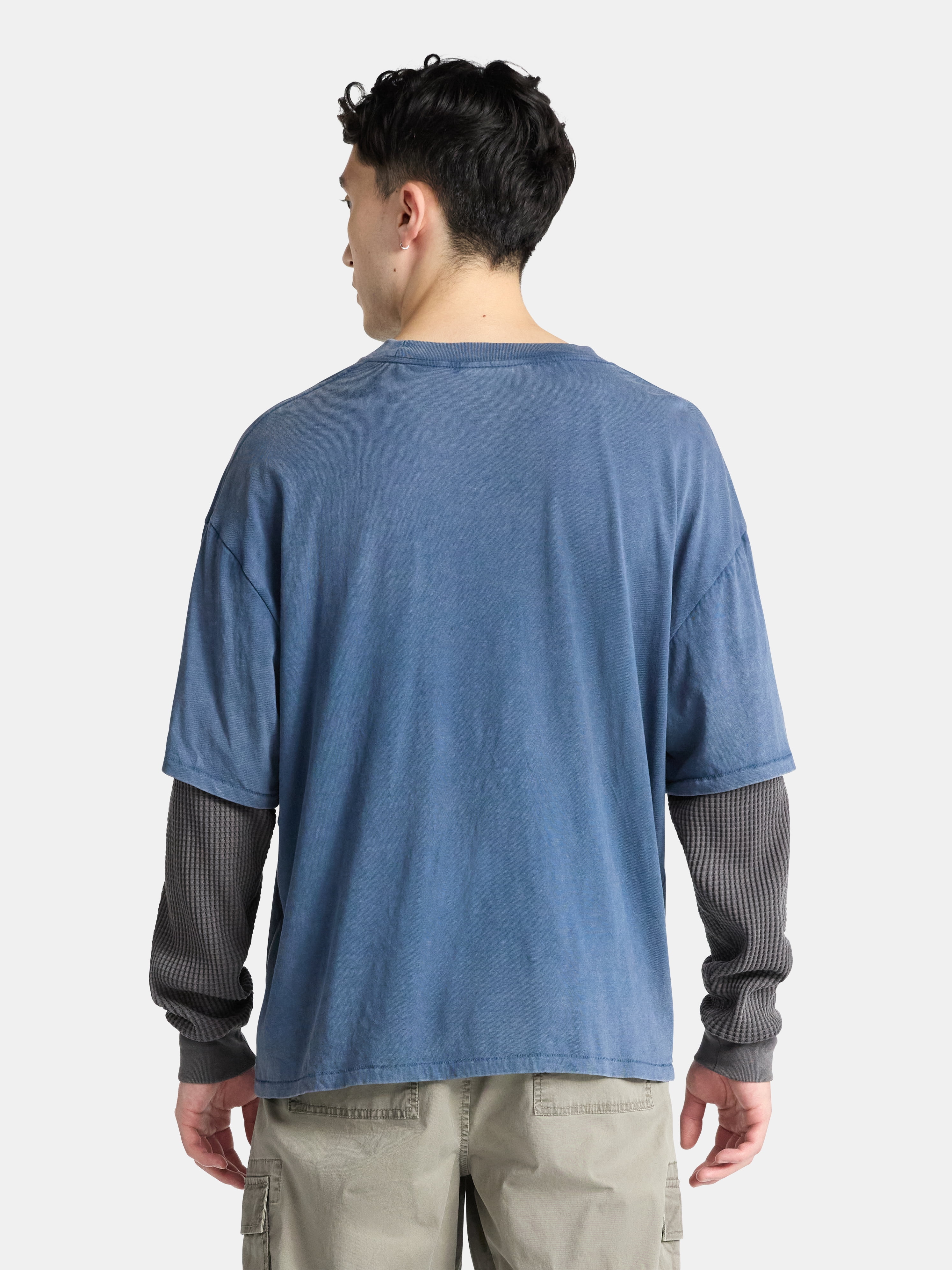 No Boundaries Cotton Washed Tee with Layered Long Sleeves, Men's & Big Men's