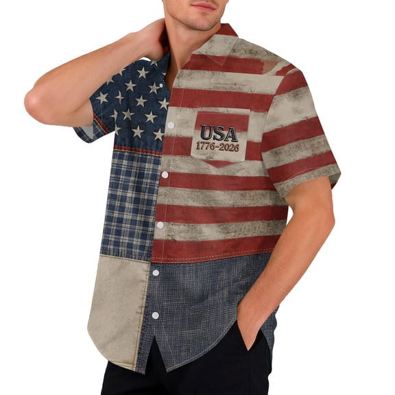 Domuza Men's Independence Day Shirts Usa Flag Print Casual Lapel Button Up Short Sleeve T-Shirts 2026 Summer Fashion Comfy Tops with Pockets Coffee XL