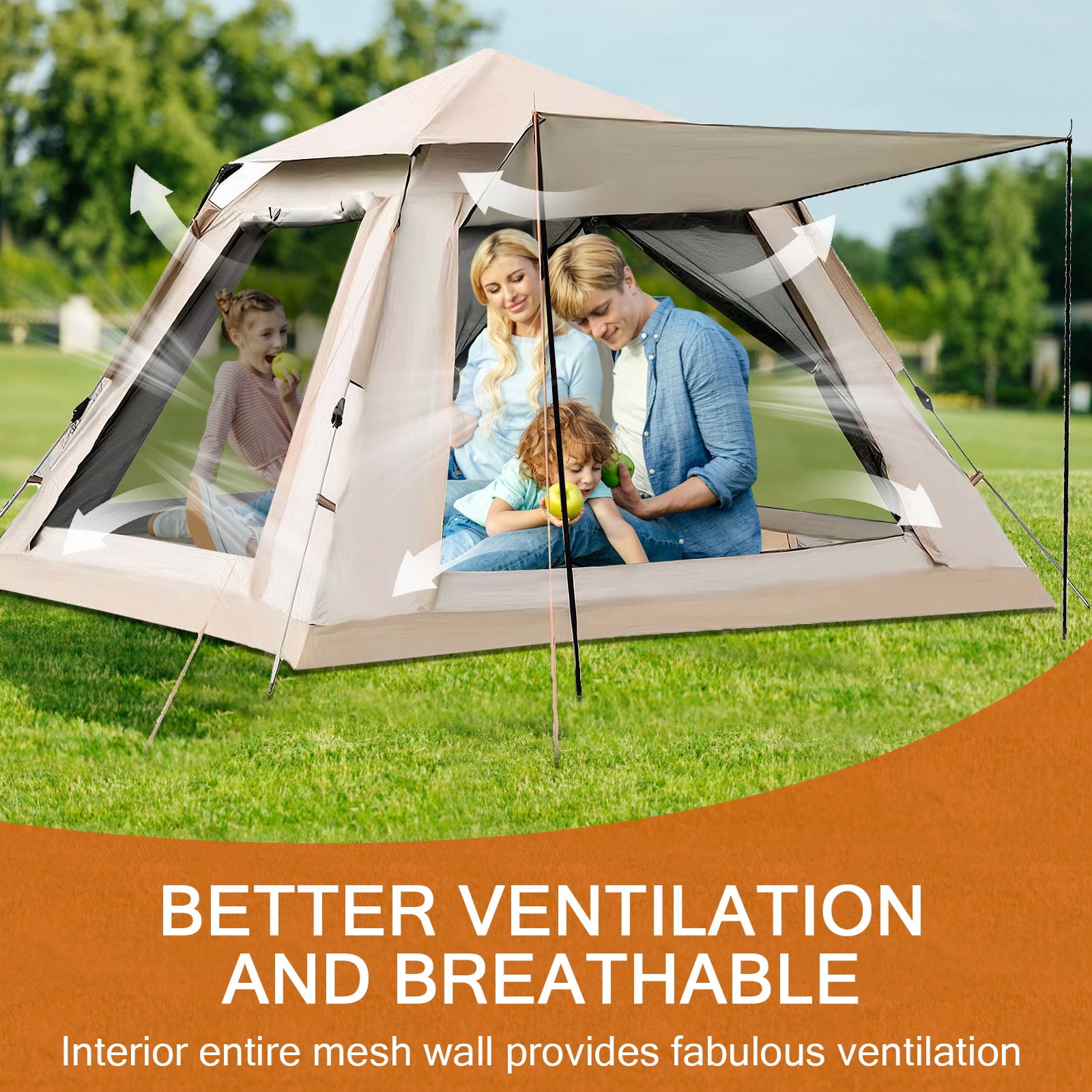 TOPCHANCES Family Camping Tent for 3-4 Person Automatic Opening Instant Pop Up Tent with Hammock for Outdoor Camping, Hiking, Traveling, Beige #C