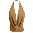 thumbnail image 2 of J. METHOD Women's Sleeveless Halter Neck Lightweight Low Cut Deep V Neck Sexy Draped Backless Top Blouse NEWT07 Camel L, 2 of 6
