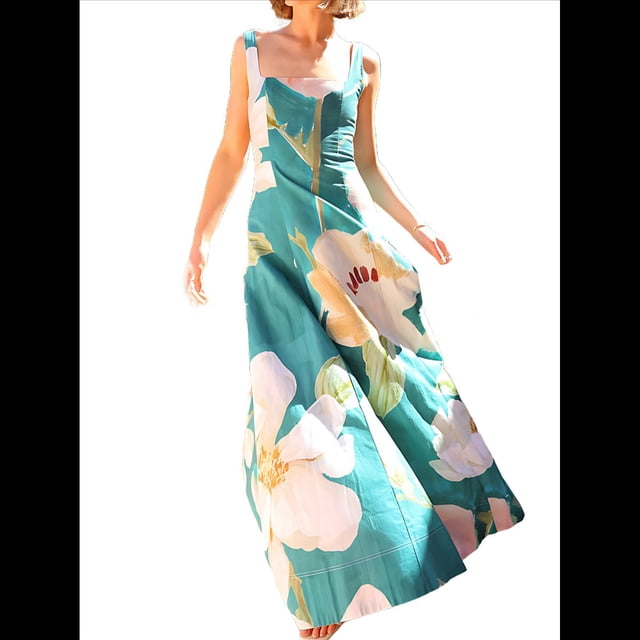 Vestido Fluido Sin Mangas con Cuello Cuadrado y Estampado Floral para Mujer. Vestido Maxi de Corte A. Verde XXL