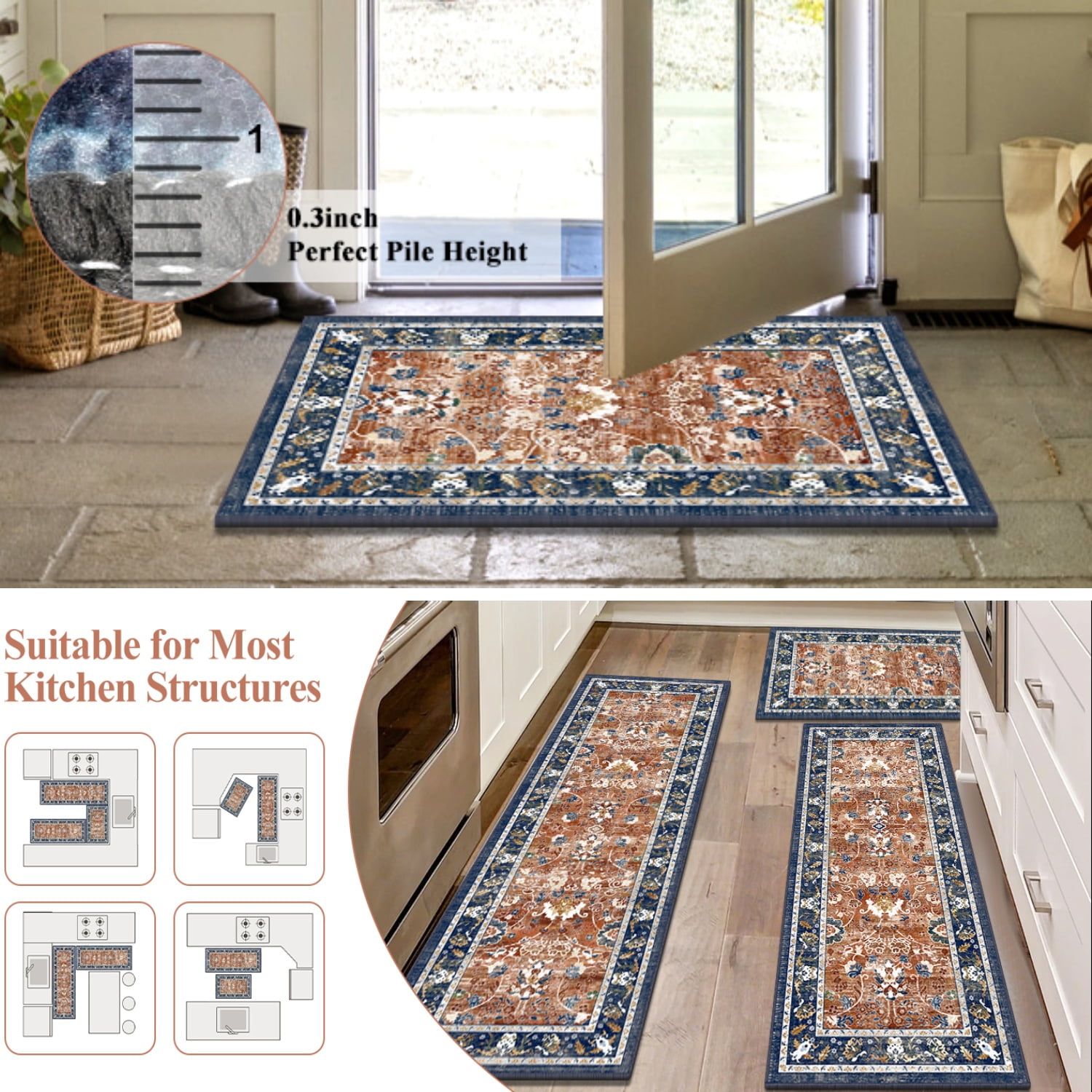 Kitchen Rugs and Runners Set of 3, Yamaziot Kitchen Mat for Floor, Non Slip Skid Comfort Washable Farmhouse Carpet for Laundry Room Sink, 20"x32"+20"x32"+20"x47"