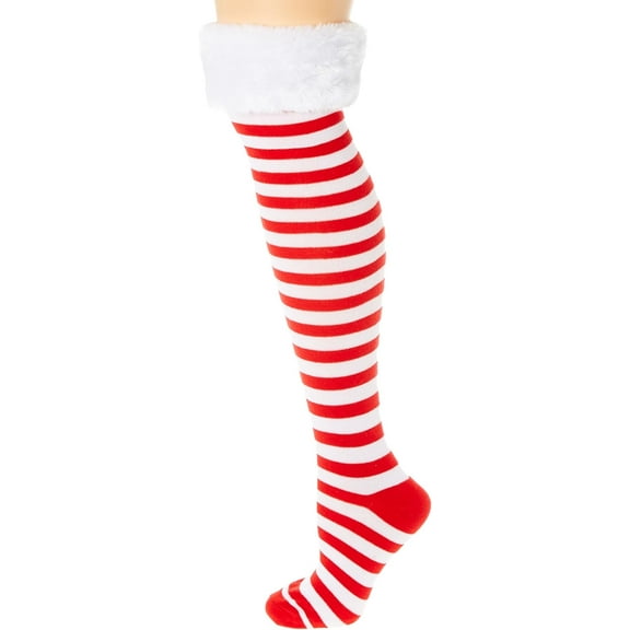 Red White Striped Socks with Fur Trim Cuff ONE SIZE NEW!