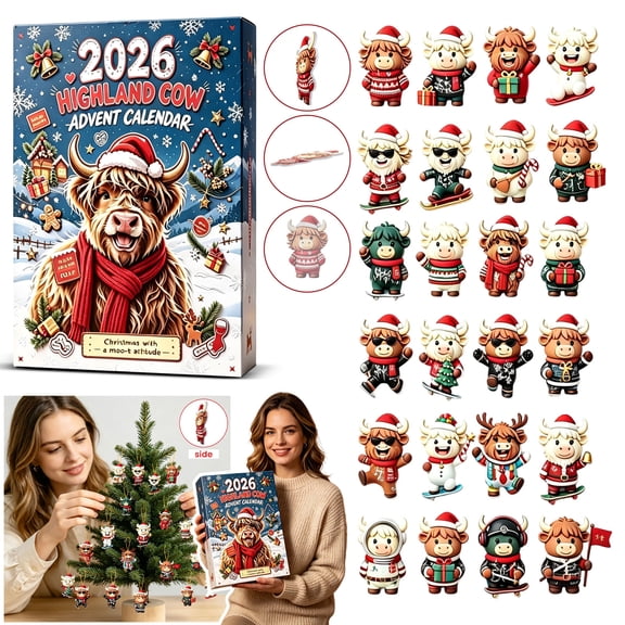 2026 Highland Cow Advent Calendar, 24 Days Funny Christmas Countdown with 3D Figurine, Cute Cow Themed Ornaments Gift Holiday Set