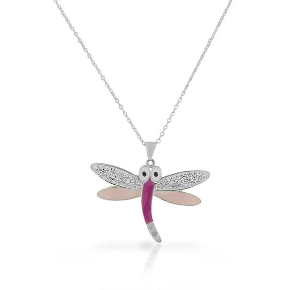 925 Sterling Silver Pink Enamel White Clear CZ Dragonfly Pendant Necklace, 18"