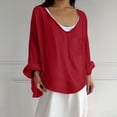 thumbnail image 6 of Women's T-Shirts Casual Loose Plus Size Long Cotton Texture Dress Basic Long Sleeve Shirts for Women Red XL, 6 of 7