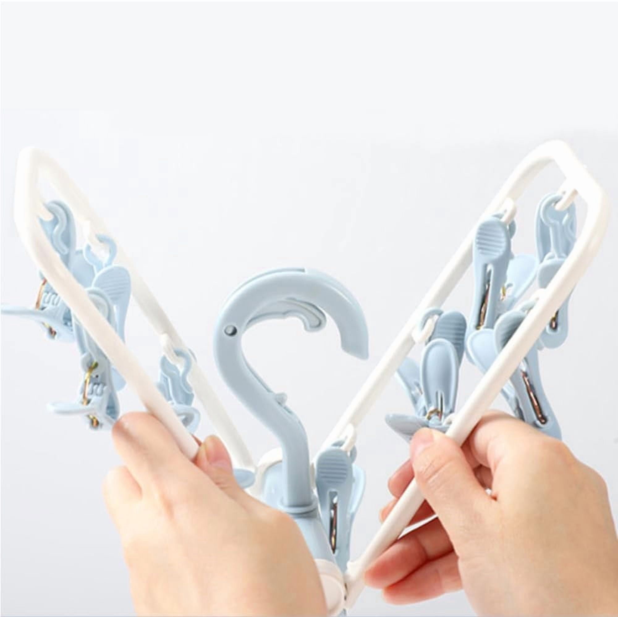 2 Pack Small Folding Portable Underwear Hangers with Clips Socks 12 Clips 360° Rotatable Hook for Drying Towels Bras Baby Clothes Gloves Plast