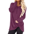 thumbnail image 1 of Women Solid Color Button Up Crew Neck Long Sleeve Twist Knot Pullover Top, 1 of 7