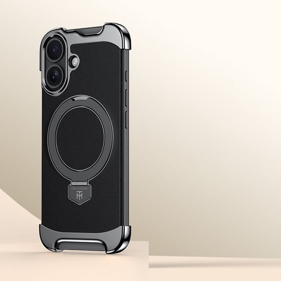 Frameless for iPhone 16 Case, Compatible with Magsafe, Minimalist Shockproof Phone Shells, Magnetic Aluminum Metal Leather Case, Scratch Resistant Protective Case with Stand, Black