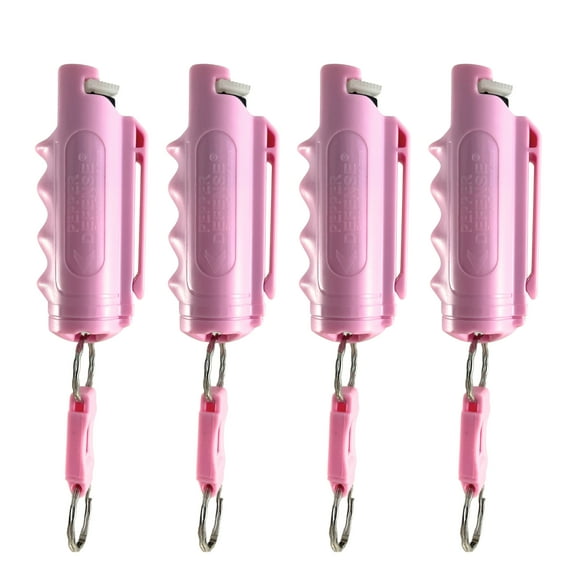 Pepper Defense 4-PACK Pepper Spray Keychain with Pink Finger Grip Belt Clip Holster - 4-in-1 Maximum Strength Formula (Pink Pepper Spray)