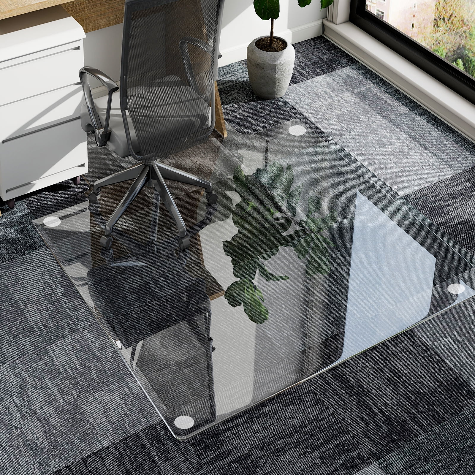Veliso 53"x 45" Tempered Glass Mat Irregular Chair Mat for Hard Floors Heavy-Duty Office Floor Protector, Clear