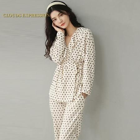 

QWZNDZGR Spring Autumn New Women s Pajamas Sets Long Sleeved Floral Casual Pajamas Knitted Cotton Home Sleepwear Lounge Homewear M-2XL
