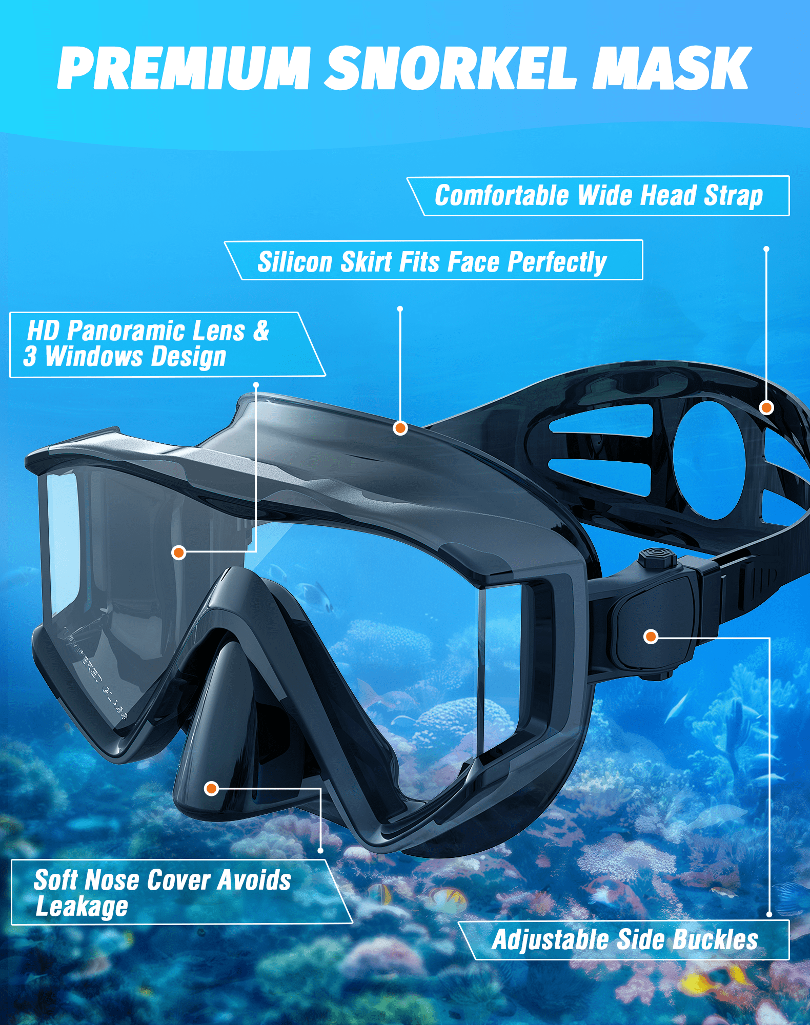 Greatever Snorkel Set Adults, 3 Window Panoramic View Snorkel Mask Anti-Fog, Leak-Proof Scuba Diving Mask with Mesh Bag, Dry Top Mask and Snorkel Set for Adult BLACK