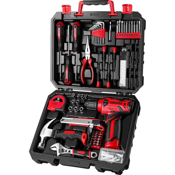 Open Box DEKOPRO Drill Set: Tool Set with 8V Red Cordless Drill, Home Tool Kit with Drill, Hand Tool Kits for Women 126 Piece ( B Grade)