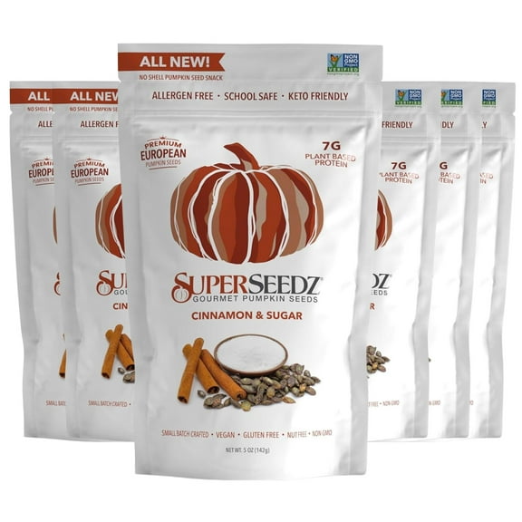 SuperSeedz Dry Roasted Pumpkin Seeds - Cinnamon H2FSD& Sugar Vegan, Whole 30, Paleo, Healthy Snacks, 8g Plant Based Protein, Produced In USA, Dairy Free, Nut Free, Gluten Free Snack (5oz, 6-pack)