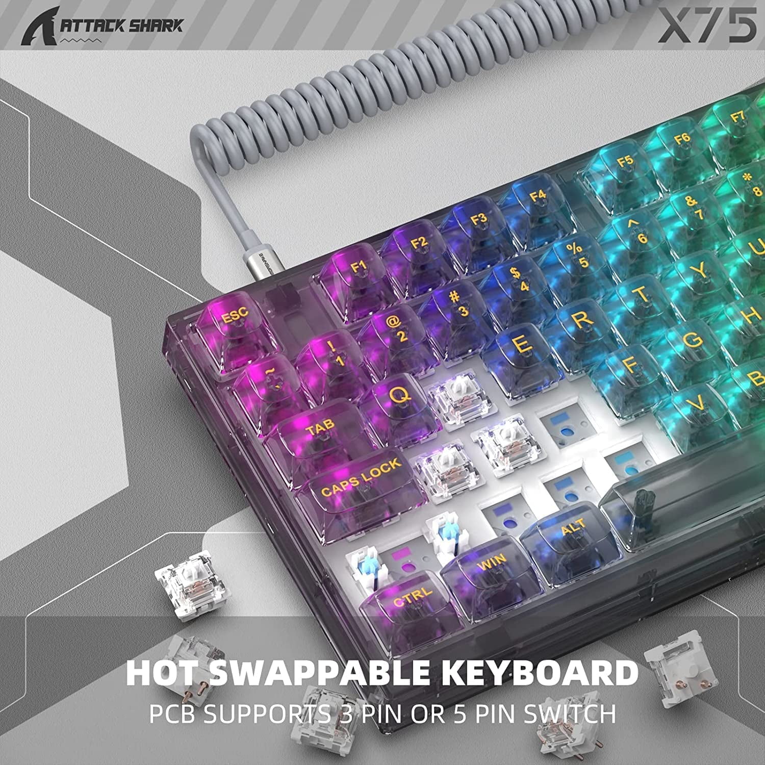 XINMENG X75 82 Key Hot Swappable Mechanical Keyboard with Transparent Keycaps, Gasket Mount 75 Keyboard, RGB Backlit Custom Gaming Keyboard for Windows/Mac (Crystal White Switch, Wired-Black)
