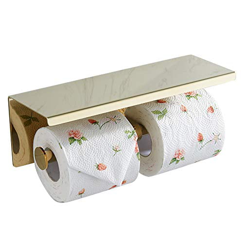 Gold Stainless Steel Double Toilet Paper Roll Holder with Shelf Wall 