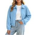 thumbnail image 2 of Ovzne Women's Zip Up Cropped Cardigan Lapel Collar Long Sleeve Jacket Drop Shoulder Ribbed Hem Casual Coat,Light Blue Jackets for Women, 2 of 8